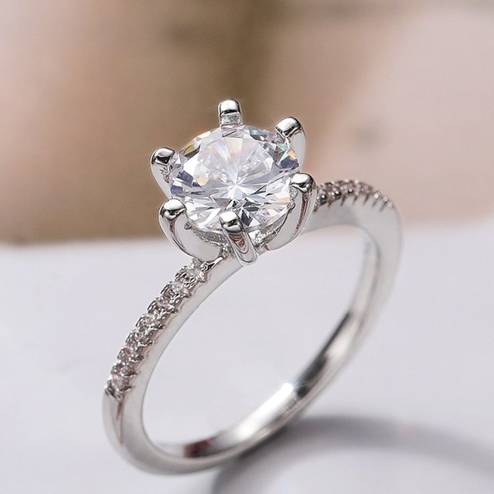 😍DIAMOND SOLITAIRE FLOWER ROUND BRILLIANT CUT CZ WEDDING RING, K766 - Picture 5 of 11